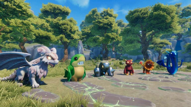 Magic Media Pixelmon, a colorful 3D rendering of various whimsical creatures, resembling dragons and other mythical beings, gathered in a sunny, verdant landscape.