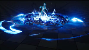 Magic Media Real-Time VFX, a dynamic depiction of a character channeling a blue energy burst, shattering the ground on a dark, gridded floor.