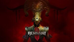 Magic Media and Remnant 2, a figure in detailed armor with horned helmet against a vivid red background, highlighting the game's dark, adventurous theme.