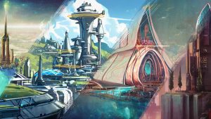 Magic Media The Oikos, presents a vibrant concept art of a futuristic cityscape with diverse architecture ranging from sleek towers to organic structures, highlighting a harmonious blend of technology and nature.