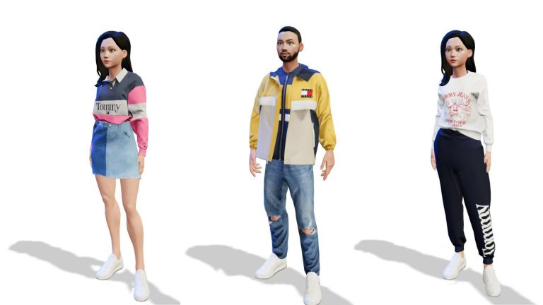 Magic Media Tommy Hilfiger 3D art, three virtual characters in trendy casual wear: two women in sporty chic outfits and a man in a casual jacket and jeans, standing against a white background.