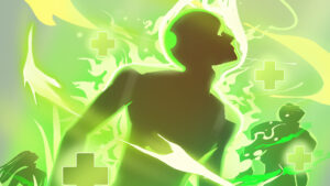 Magic Media Unity Best Engine, a silhouette with a glowing green life force, intermixed with health crosses, against a dynamic backdrop.