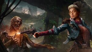 Magic Media 2D concept art, a tense moment as a female protagonist with a determined expression aims a gun at an advancing grotesque zombie in a lush, post-apocalyptic environment.