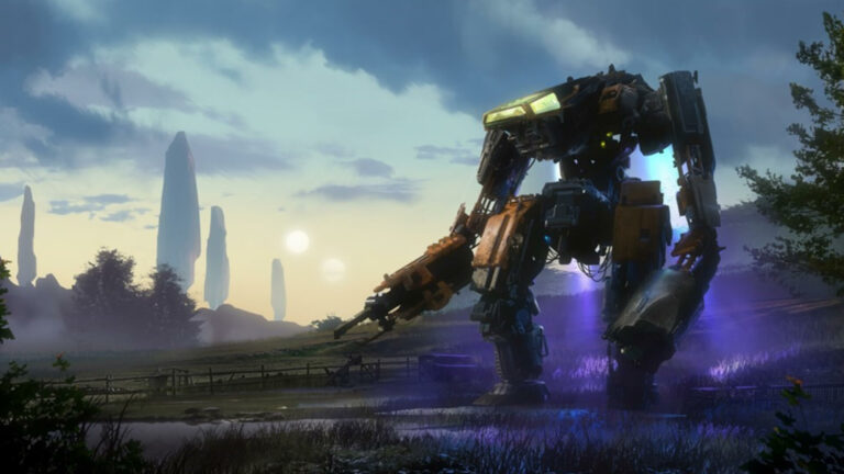 A Good video game script with Mecha in a serene alien landscape at dusk